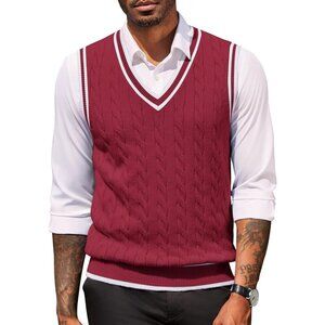 Coofandy Men Wine Red Fitted V Neck Sleeveless Knitted Pullovers Sweater Vest